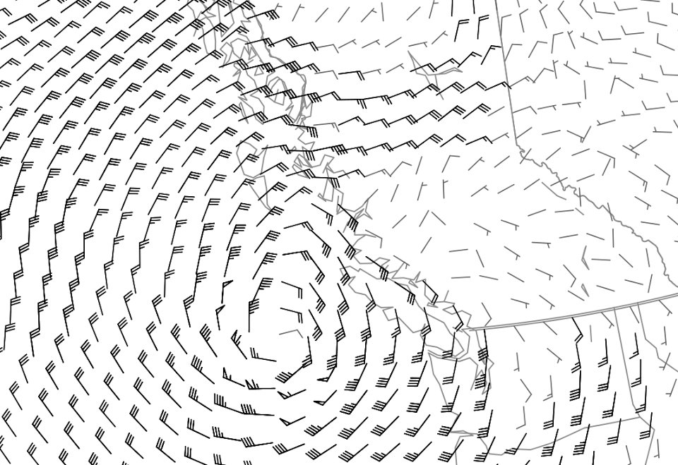 Вот карта уровня давления с нанесенным на нее ветром: